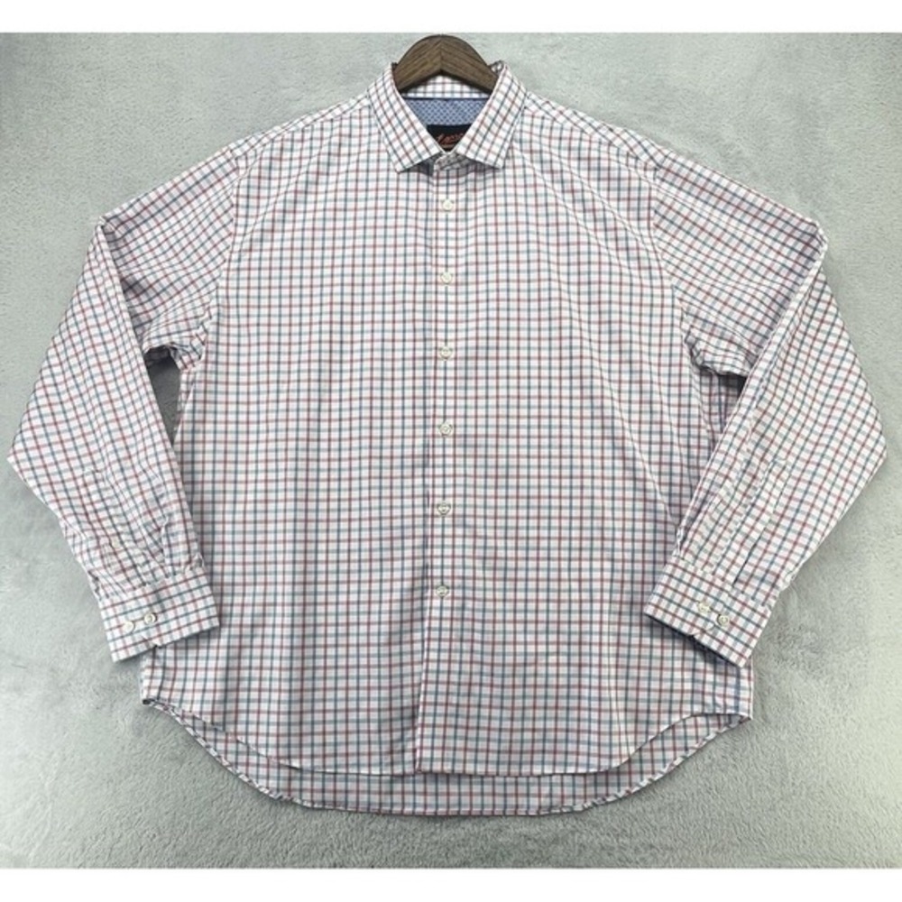Egara Shirt Mens XXL Pink Blue Checkered Non Iron Slim Fit Stretch Long Sleeve